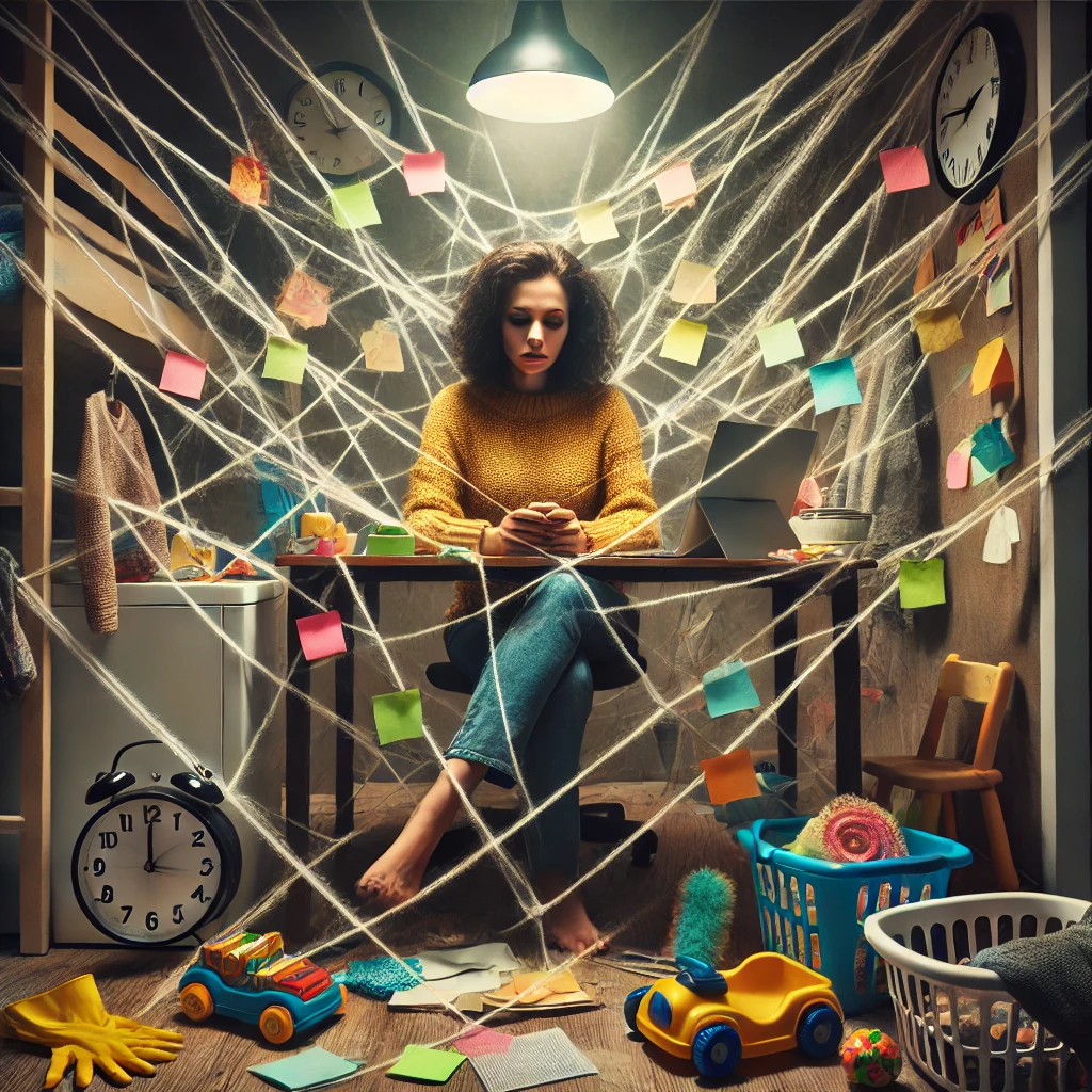 A conceptual image of a woman trapped in a symbolic web of perfectionism, unable to move freely. The web is made of sticky notes, clocks, cleaning too